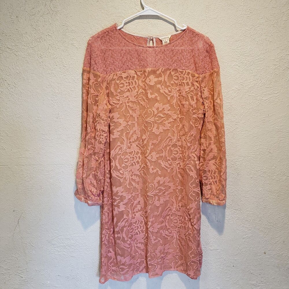 Sundance Womens Embroidered Trellis Dress Sz 8 Pink 100% Silk Sheer Boho Shift